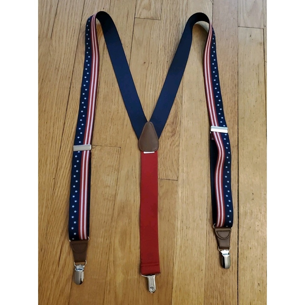 Gillmons Elastic Suspenders Patriotic America Silver Clip On & Leather Y Design